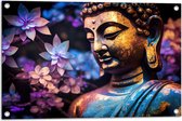 Tuinposter – Boeddha voor Struik vol Paarse Lelies - 75x50 cm Foto op Tuinposter (wanddecoratie voor buiten en binnen)