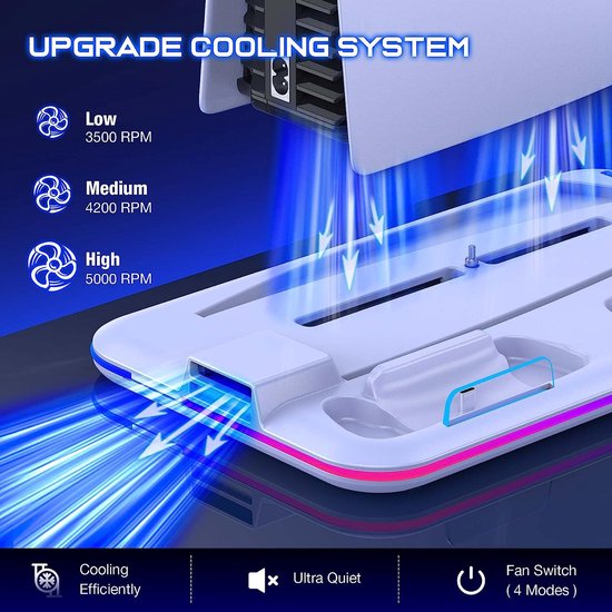 Verbeterd koelsysteem voor PS5 met lage, medium en hoge ventilatiesnelheden. Verstelbare ventilator met RGB verlichting.