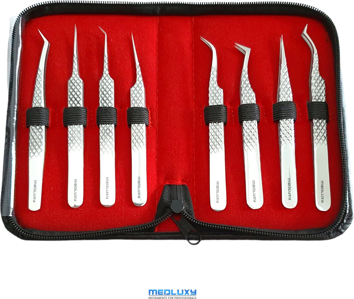 Goedkoopste MEDLUXY® Pro - Wimperpincet - 8-delige Set Etui - Pincet voor wimperextensions - Nepwimpers - EP0018 [eyelash tweezer set, wimper pincet set]