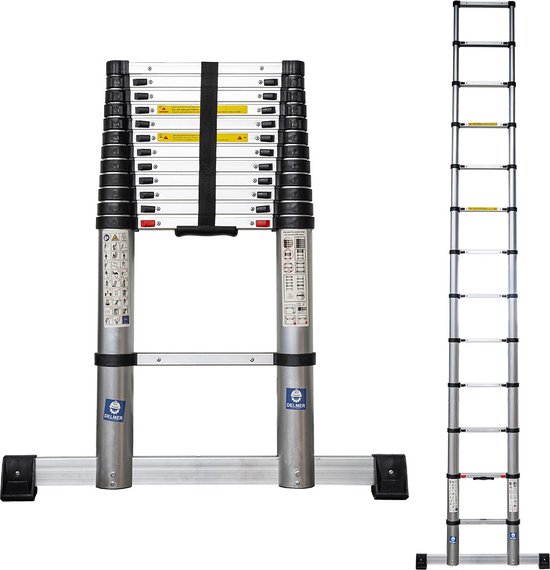 Foto: Professionele telescoopladder uitschuifbaar 380 cm softclose en stabilisator en131 nen2484 goedgekeurd en gecertificeerd max gewichtsbelasting 150 kg