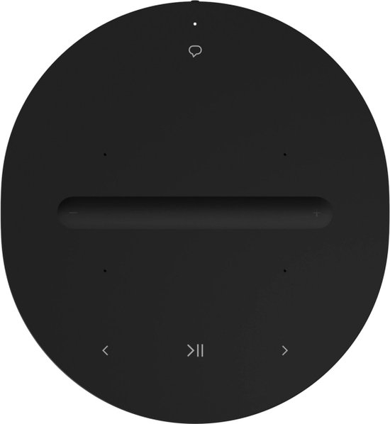 Bovenzijde van de zwarte Sonos Era 100 speaker met touch-bedieningselementen en spraakicoon.