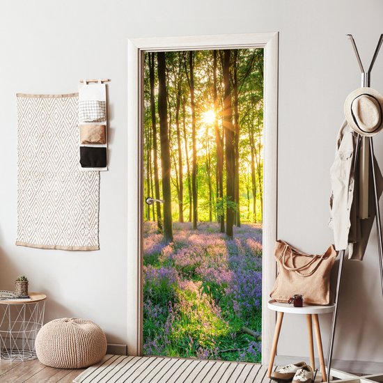 Poster de porte - Fleurs - Forêt - Printemps - Vert - Sticker de porte - Porte Papier peint photo - Décoration de porte - Autocollant autocollant - Chambre - 80x205 cm - Salon - Toilettes - Salle de bain