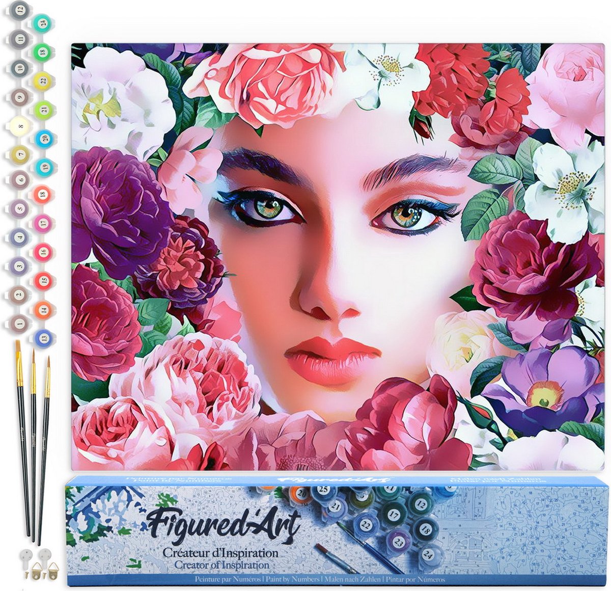 Figured'Art Schilderen op Nummer Volwassenen canvas Gezicht en Bloemen - Handwerk acrylverf Kit DIY Compleet - 40x50cm zonder frame