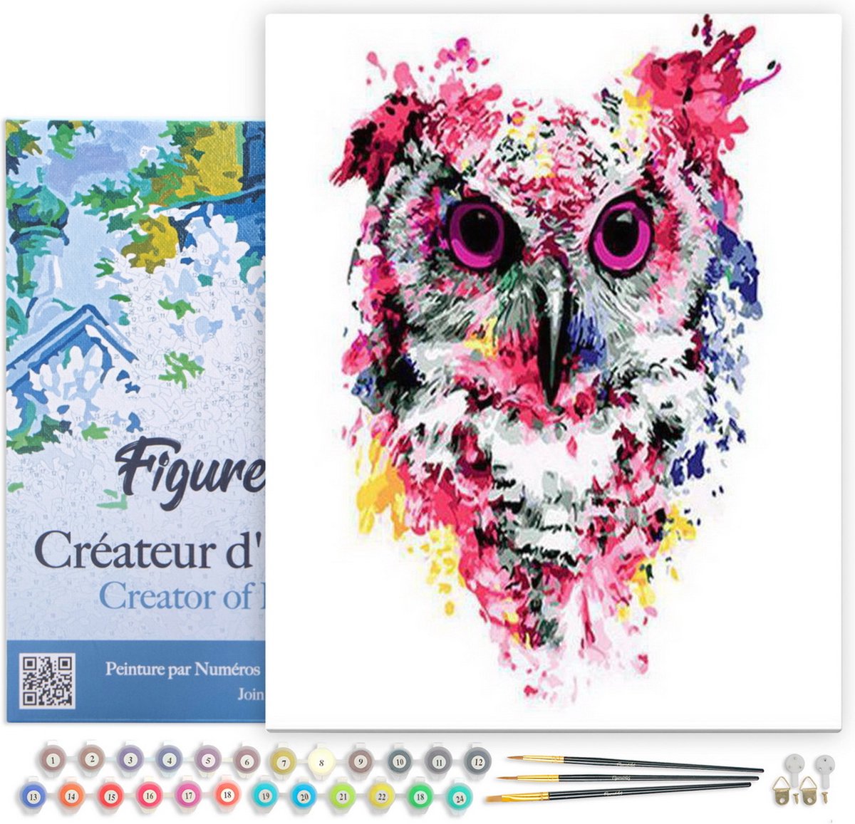Figured'Art Schilderen op Nummer Volwassenen met lijst - Moderne roze uil - Handwerk acrylverf Kit DIY Compleet - 40x50cm Canvas al ingelijst