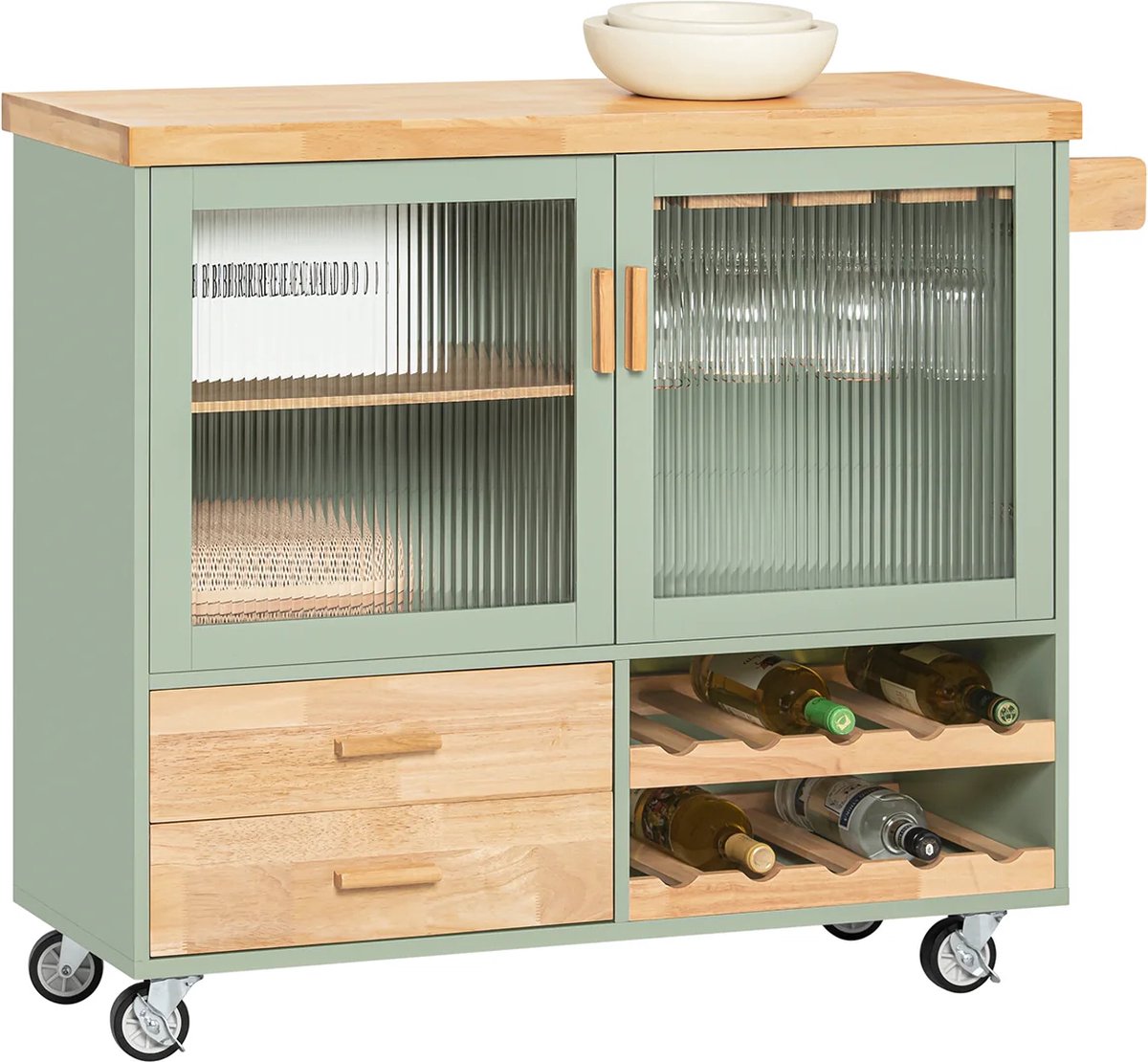 Keukeneiland - Verplaatsbaar - Keukenkast - Dressoir - Organizer - Kasten - Houten Werkblad - Lade - Groen