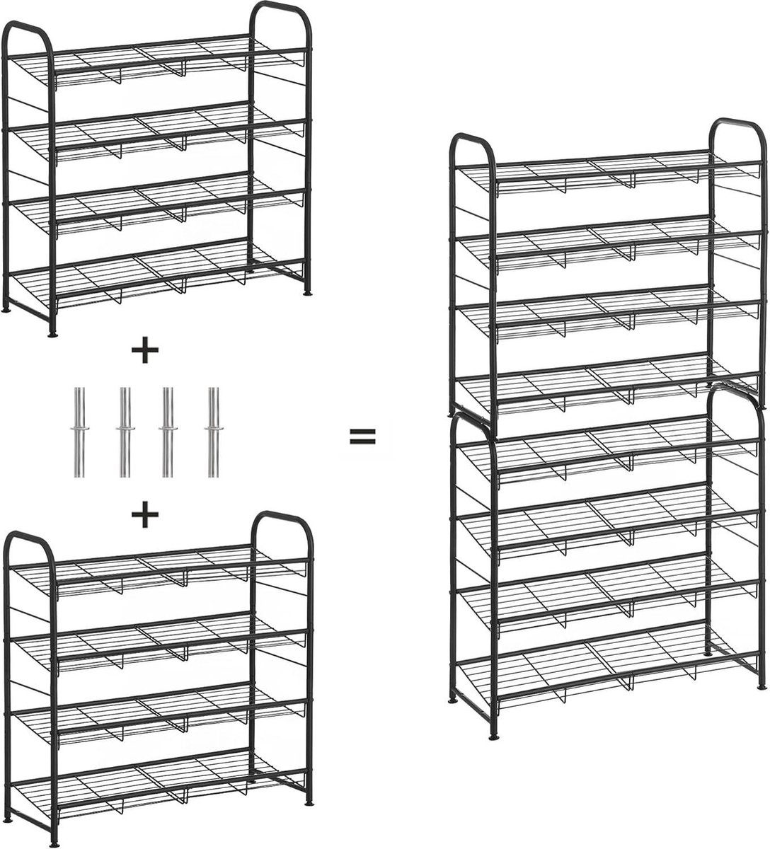 SONGMICS Schoenenkast met 4 niveaus, stapelbaar opbergrek, voor maximaal 16 paar, van metaal, 68,5 x 27,5 x 65 cm, voor hoge hakken, sneakers, pantoffels, in entree, zwart LMR067B01