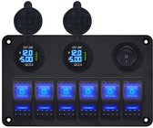 ProRide Schakelpaneel 12V voor Auto/Boot - USB Lader 2 Poorten met Schakelaar/Ampèremeter - QC3.0 - 6 Schakelaars