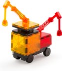 Magna-Tiles speelgoed: een mobiele kraan op wielen, met een gele en rode cabine, met transparante gele en rode blokken.