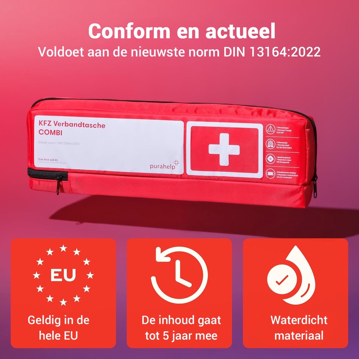 PURAHELP autocombinatietas volgens de huidige norm 2025 DIN 13164 - inclusief gevarendriehoek, veiligheidsvesten / signalisatievest voor volwassenen - EHBO-kofferset met gevarendriehoekset EHBO-kofferset auto 2025 – foto 8