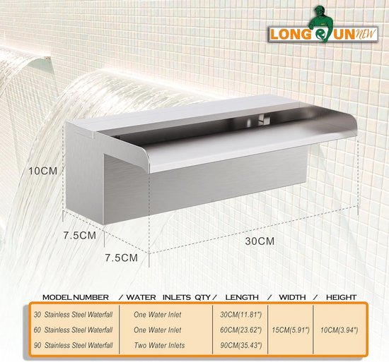 LONGRUNNEW Vijver waterval Blade Kit, 30 cm RVS Zwembad Fontein met Accessoires, Breedte 15 cm Spillway Water Feature Waterval Cascade voor Tuin Patio Vijver Decoratie