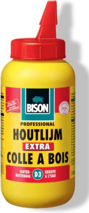 Gele Bison fles met rode dop. Tekst: PROFESSIONAL HOUTLIJM EXTRA COLLE A BOIS WATERBESTENDIG D3.