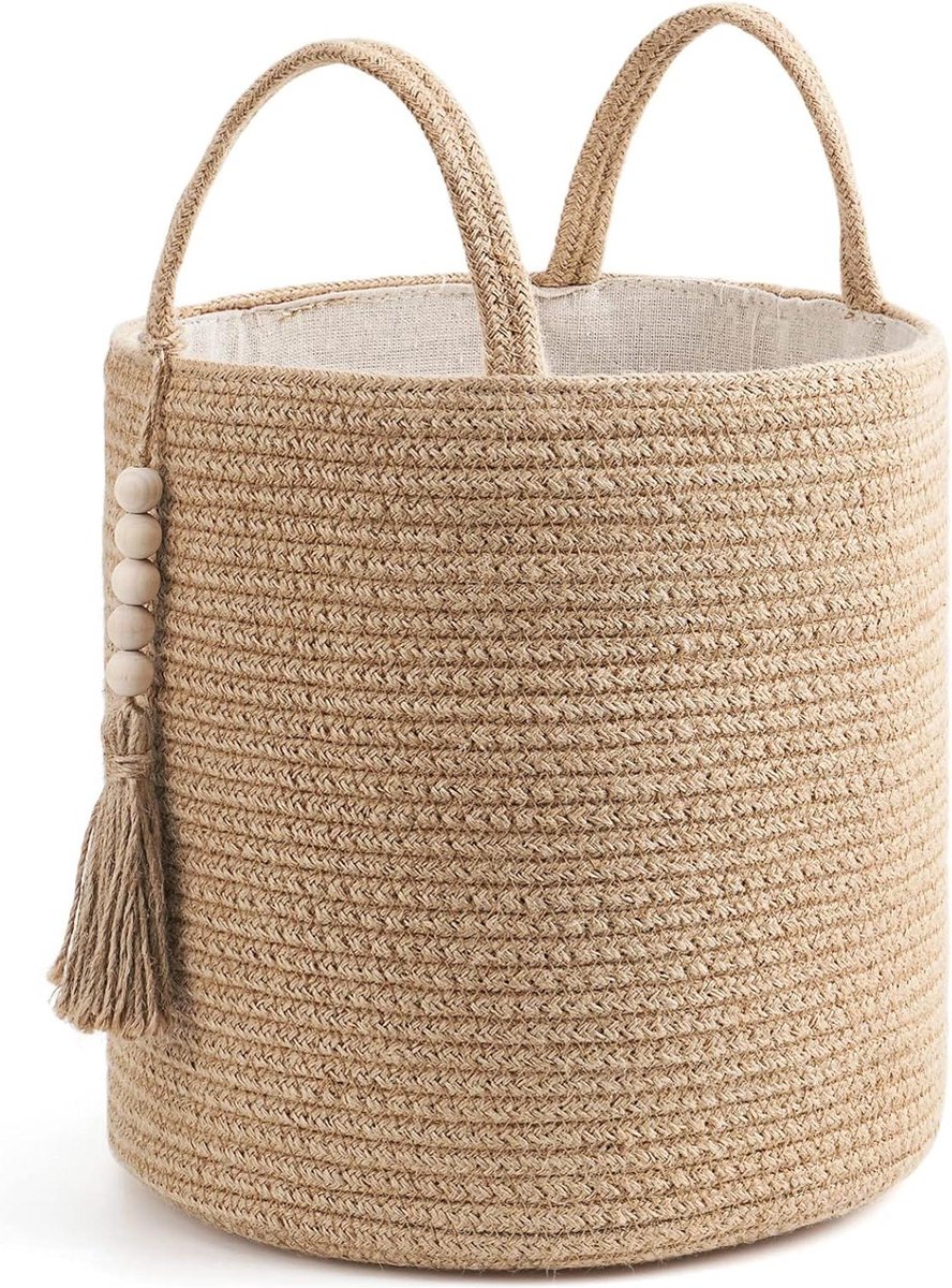 Kerst Cadeaumand Geweven Opbergmand - Natuurlijke Touwmand - Houten Kralendecoratie - Dekens Speelgoed Kleding Schoenen Plantenorganizer - Handgrepen - Woonkamer Woondecoratie