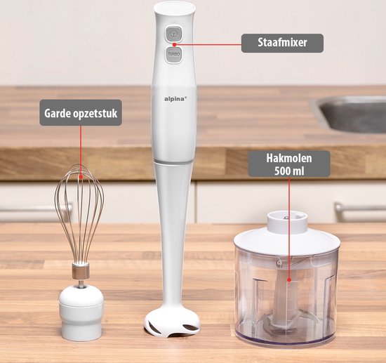alpina Staafmixer Set - Handmixer met Hakmolen, Pureerstaf en Garde - Elektrische Mixer en Blender 400W - Wit van Merkloos — afbeelding 3