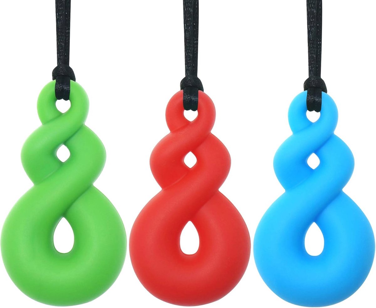Zintuiglijke Kauwketting Voor Kinderen - 3-Pack Maori Twist Sensory Hangers - Kauwen, Bijten en Tandjesbehoeften - Blauw, Groen, Rood