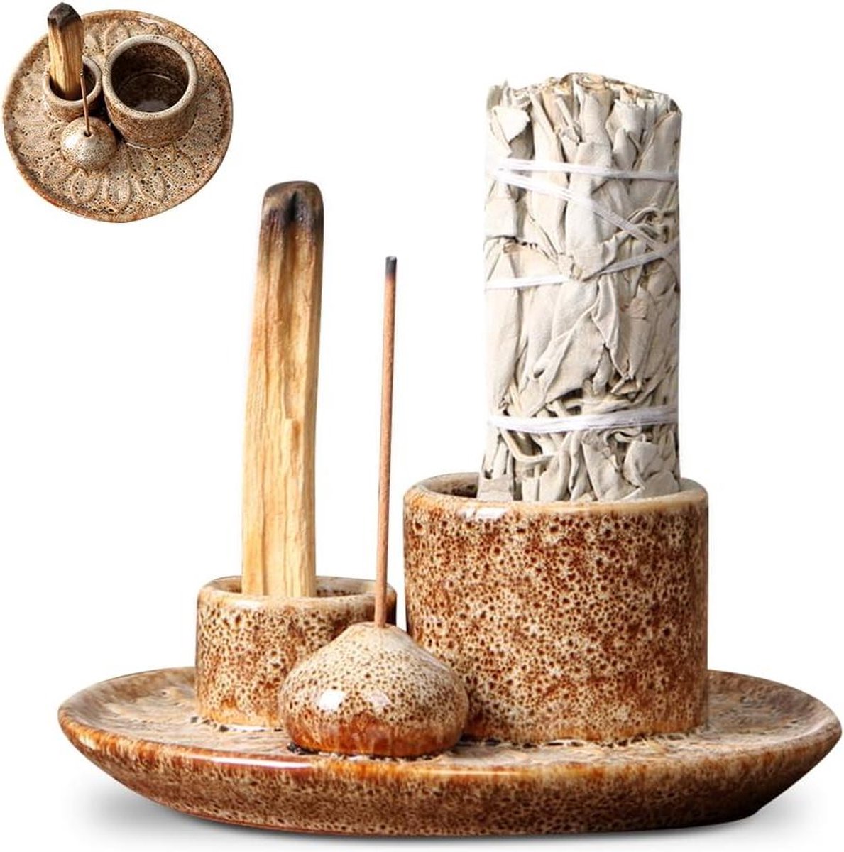 Wierookhouder / Wierook 4-in-1 keramische wierookschaal voor Palo Santo elk rookwerk witte salieroken wierookstokjes en kaarsenhouder keramische asvanger dienblad voor yoga - meditatie wit gespikkeld