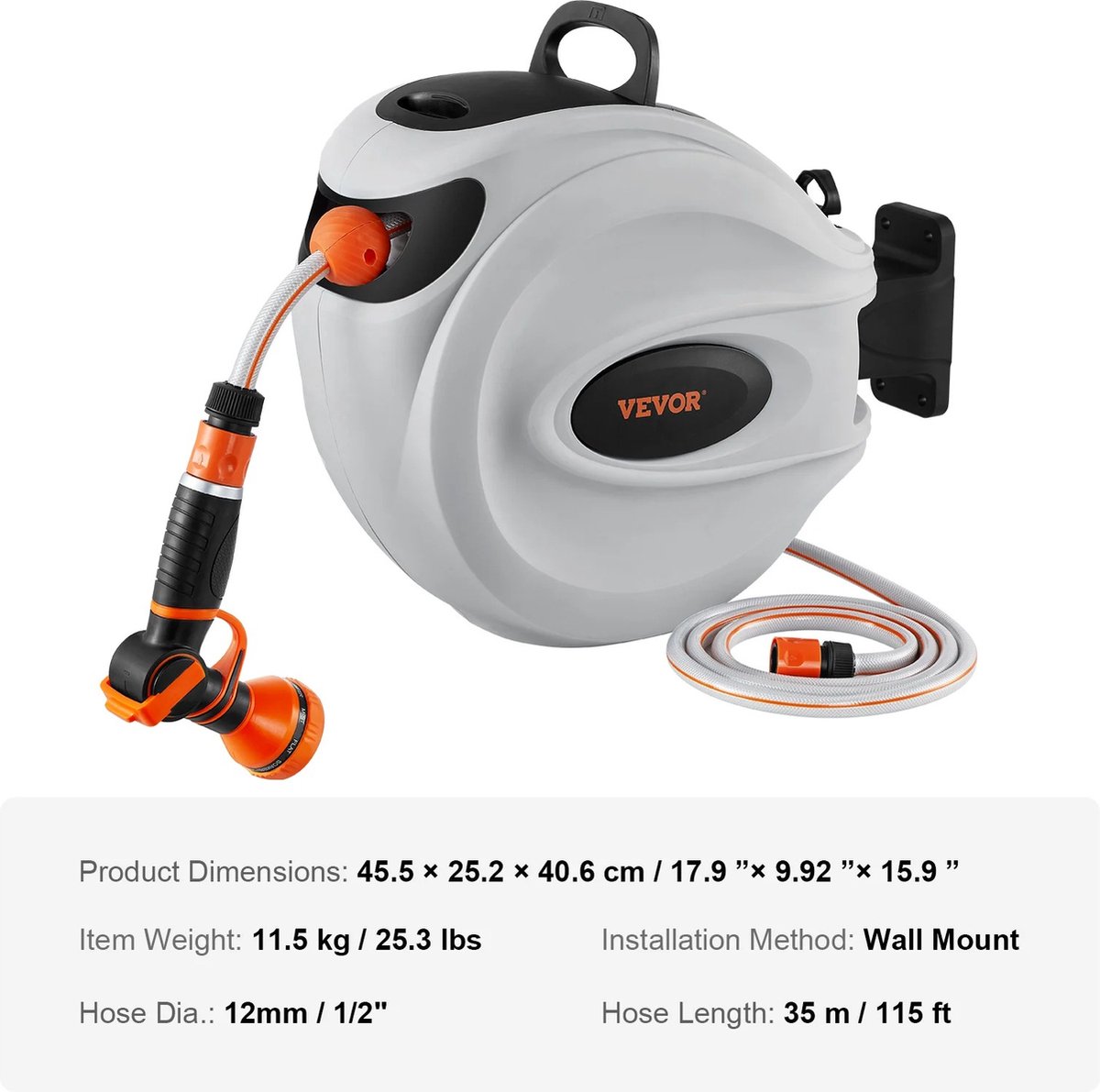 Vevor Directly Intrekbare Tuinslang Haspel tuinslang Intrekbare Tuinslang Haspel tuinslang 35 Meter Reel Slangreel 180 ° Draaibaar Muur Beugel Gemonteerde Tuinslang Haspel 9 Patronen Mondstuk 3 Standen