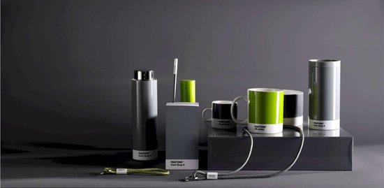 Pantone mokken en objecten in grijs, groen, zwart en zilver op een donker platform.