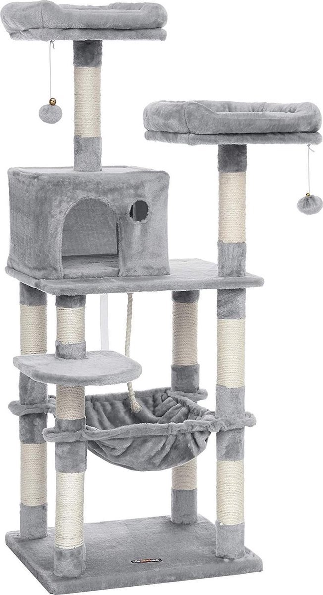 Krabpaal - 143 cm - Klimpaal voor Katten - Kattenboom - Hangmat en Grot - Met 2 gezellige uitkijkplateaus - Grijs - PCT15GYZ