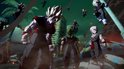 Een groep Dragon Ball karakters in zwarte outfits staan in een post-apocalyptische stad.