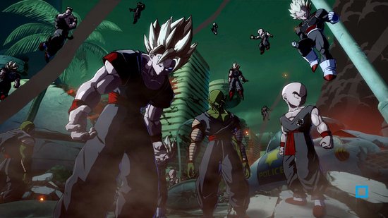 Een groep Dragon Ball karakters in zwarte outfits staan in een post-apocalyptische stad.