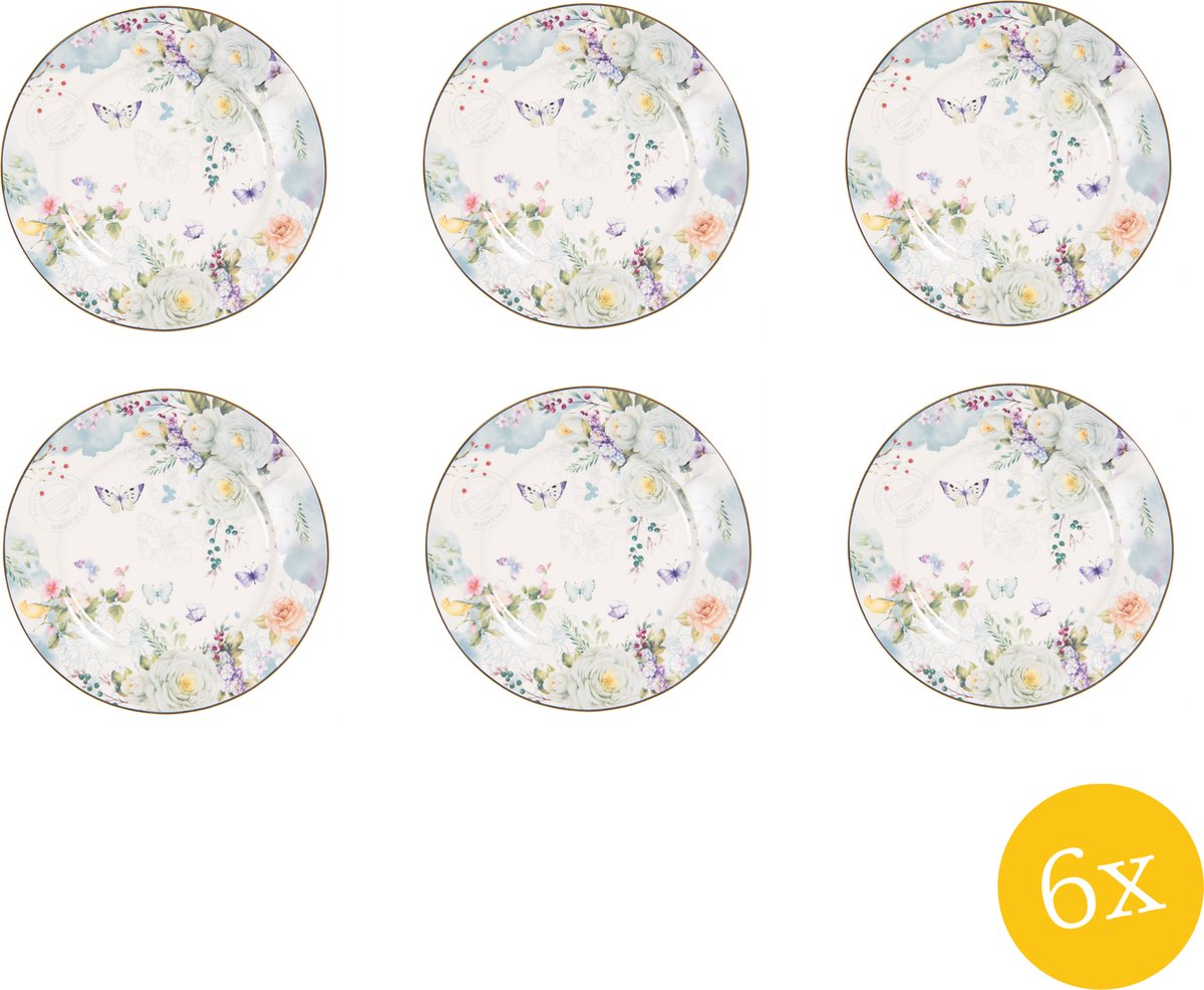Clayre & Eef Ontbijtbord set van 6 stuks Ø 19 cm Wit Blauw Porselein Rond Bloemen Bord