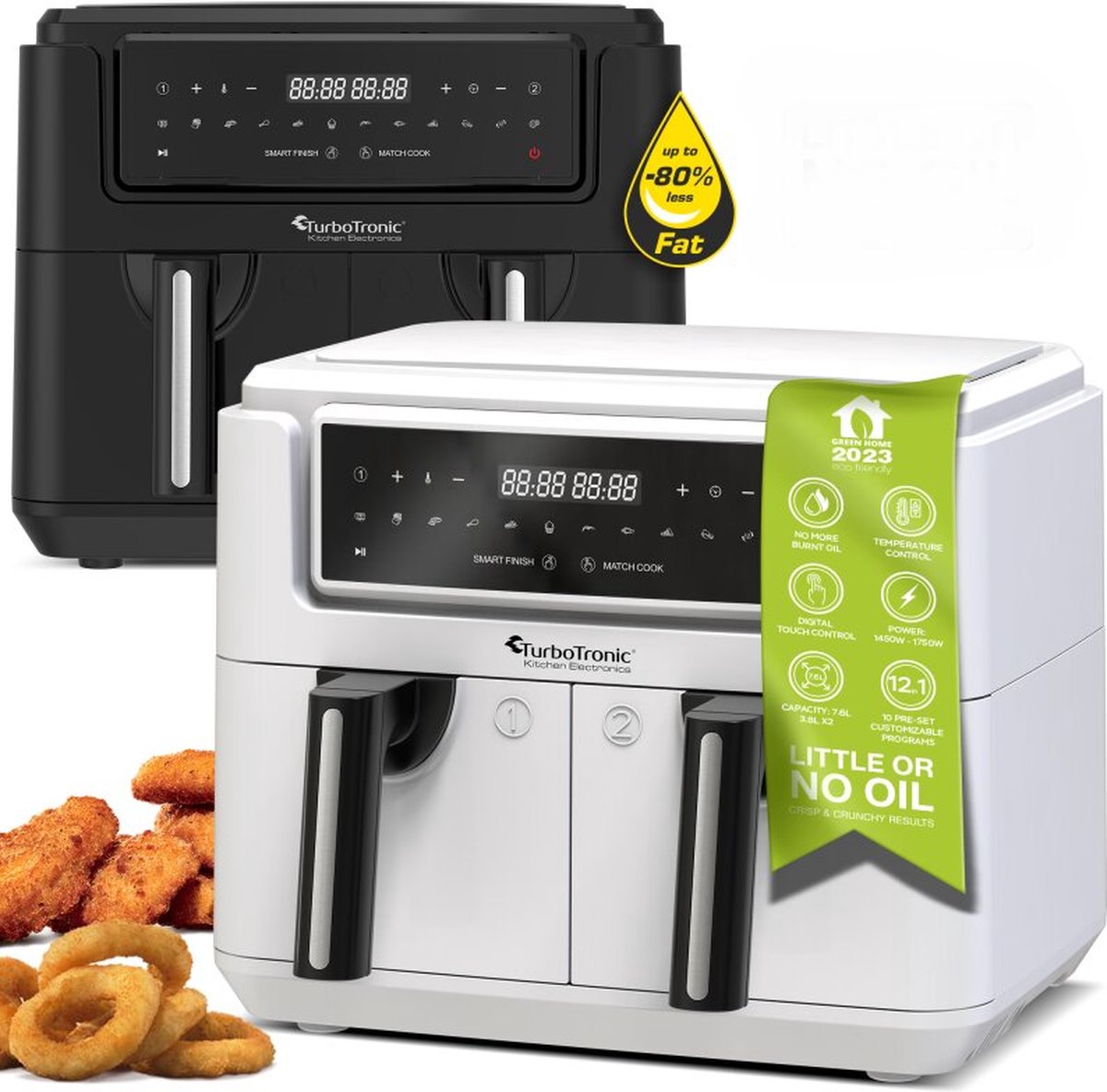 TurboTronic AF118 Dubbele Airfryer XXL - Digitale Heteluchtfriteuse - Dubbele mand - 7,6 Liter - 2x 3,8L - 12 programma's - Touchscreen - Wit thumbnail 5