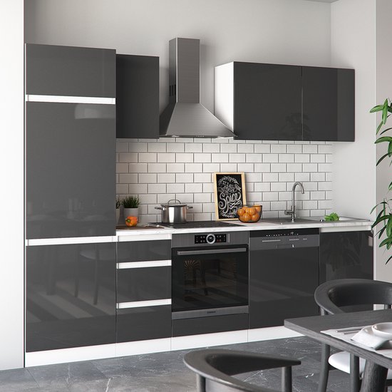 Vicco Elément de cuisine complet Optima, Anthracite brillant/ Wit, 270 cm sans plan de travail, sans poignée avec bande LED