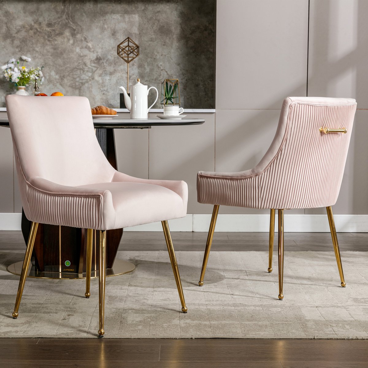 Gutent Eetkamerstoel, Roze, set van 2, Verticaal Gestreepte Eetkamerstoel, Gestoffeerde armstoel, stoel met metalen poten en metalen handgrepen, moderne loungestoel, slaapkamer woonkamerstoel