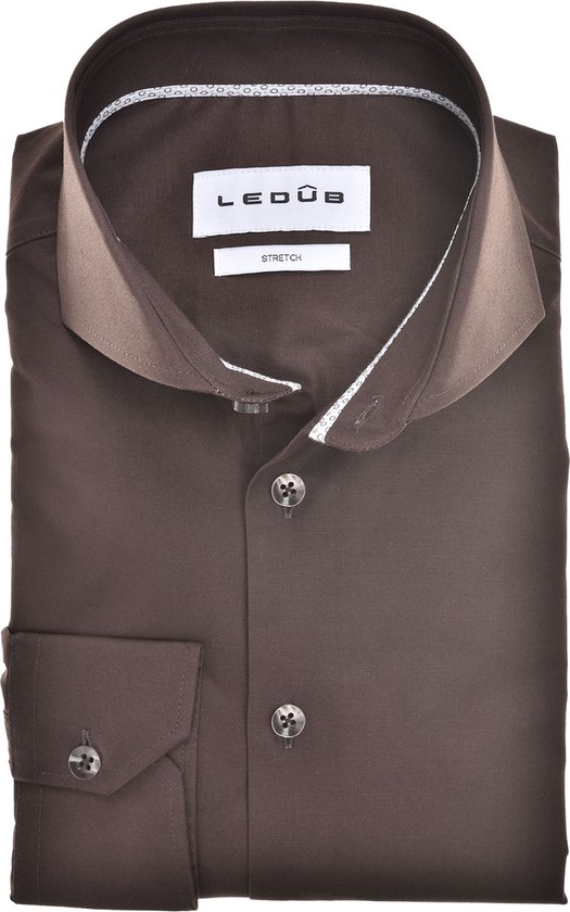 Chemise slim fit Ledub - popeline - marron foncé - Repassage facile - Taille col : 40