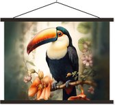 Posterhanger incl. Poster 60x45 cm - Schoolplaat - Toekan - Vogel - Bloemen - Planten - Textielposter - Zwarte latten