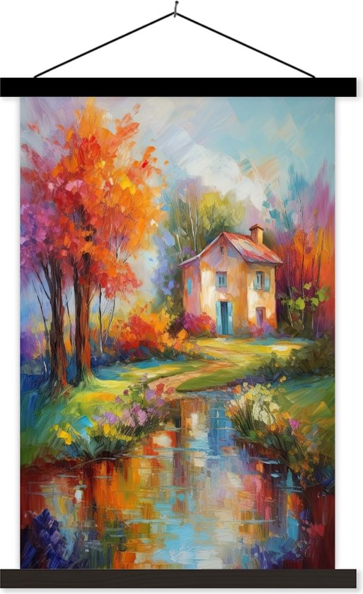 Posterhanger incl. Poster 120x180 cm - Schoolplaat - Landschap - Kleurrijk - Olieverf - Kunst - Textielposter - Zwarte latten