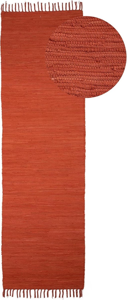 Luvetrex ® Kelim Chindi Rag Rug Plain Runner Oranje 60 x 180 cm handgeweven katoenen vlektapijt voor woonkamer met franjes