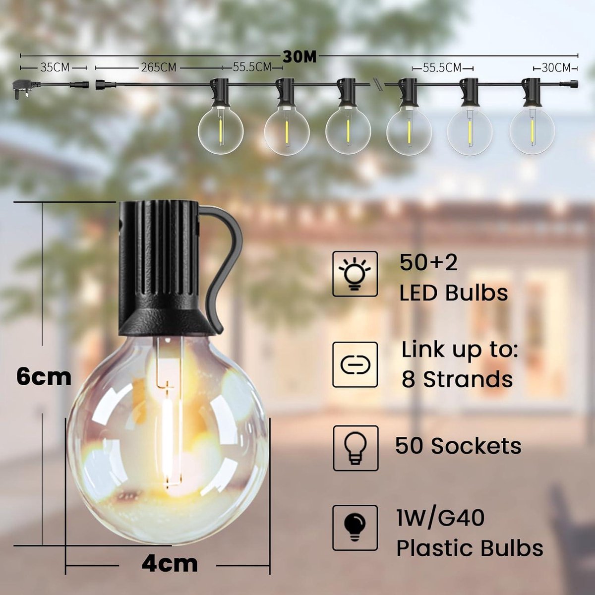 Prikkabel 10 meter 10 warm witte lampen - lichtslinger