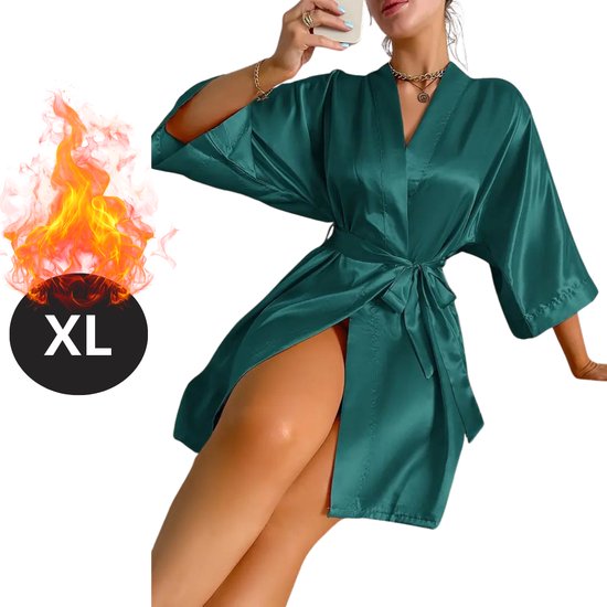 Bovista Satijnen Jurk - Slipdress - Pyama Dames - Badjas - Ochtendjas - Kimono - Erotisch - Kamerjas - Groen XL