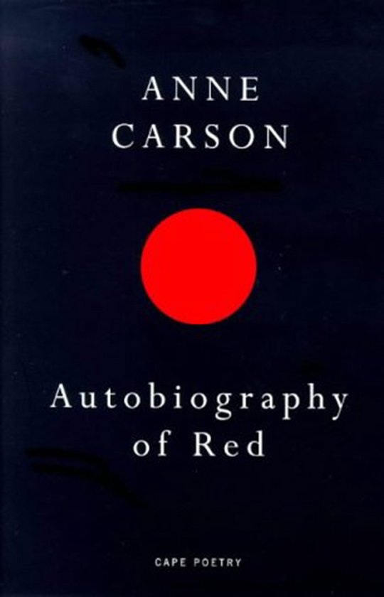 Boek 'Autobiography of Red' van Anne Carson met een rode cirkel op een donkerblauwe kaft.