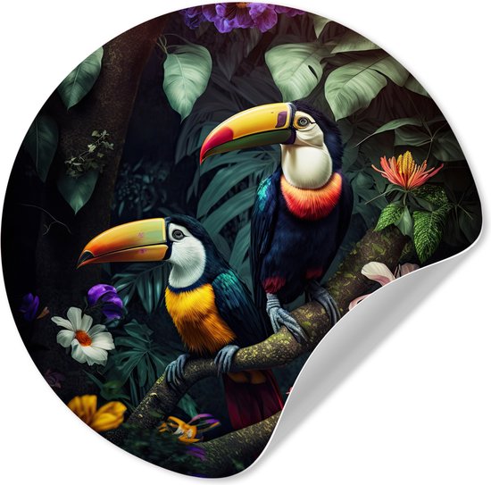 WallCircle® - Behangcirkel 50x50 cm - Muurstickers Toekan - Bloemen - Jungle - Vogels - Muurcirkel woonkamer - Wandcirkel slaapkamer - Kamer decoratie zelfklevend - Muurdecoratie accessoires
