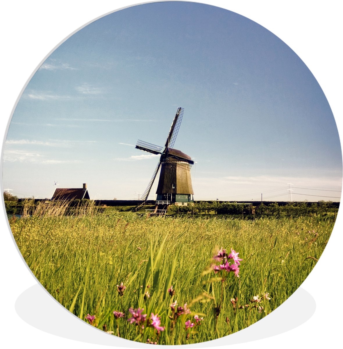 WallCircle Wandcirkel 60x60 cm - Muurcirkel Een molen met bloemen - Muurdecoratie woonkamer - Wanddecoratie slaapkamer - Kamer decoratie accessoires - Ronde schilderijen Windmolen - Weiland