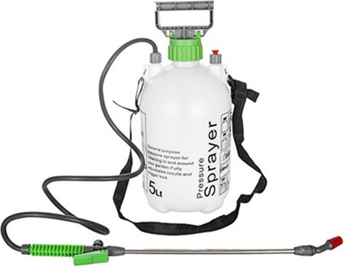 CM Plantenspuit met hoge druk sproeier/vernevelaar - lange spuitkop - kunststof - 5 liter - 18 x 34 cm - water/voedingstoffen/gif