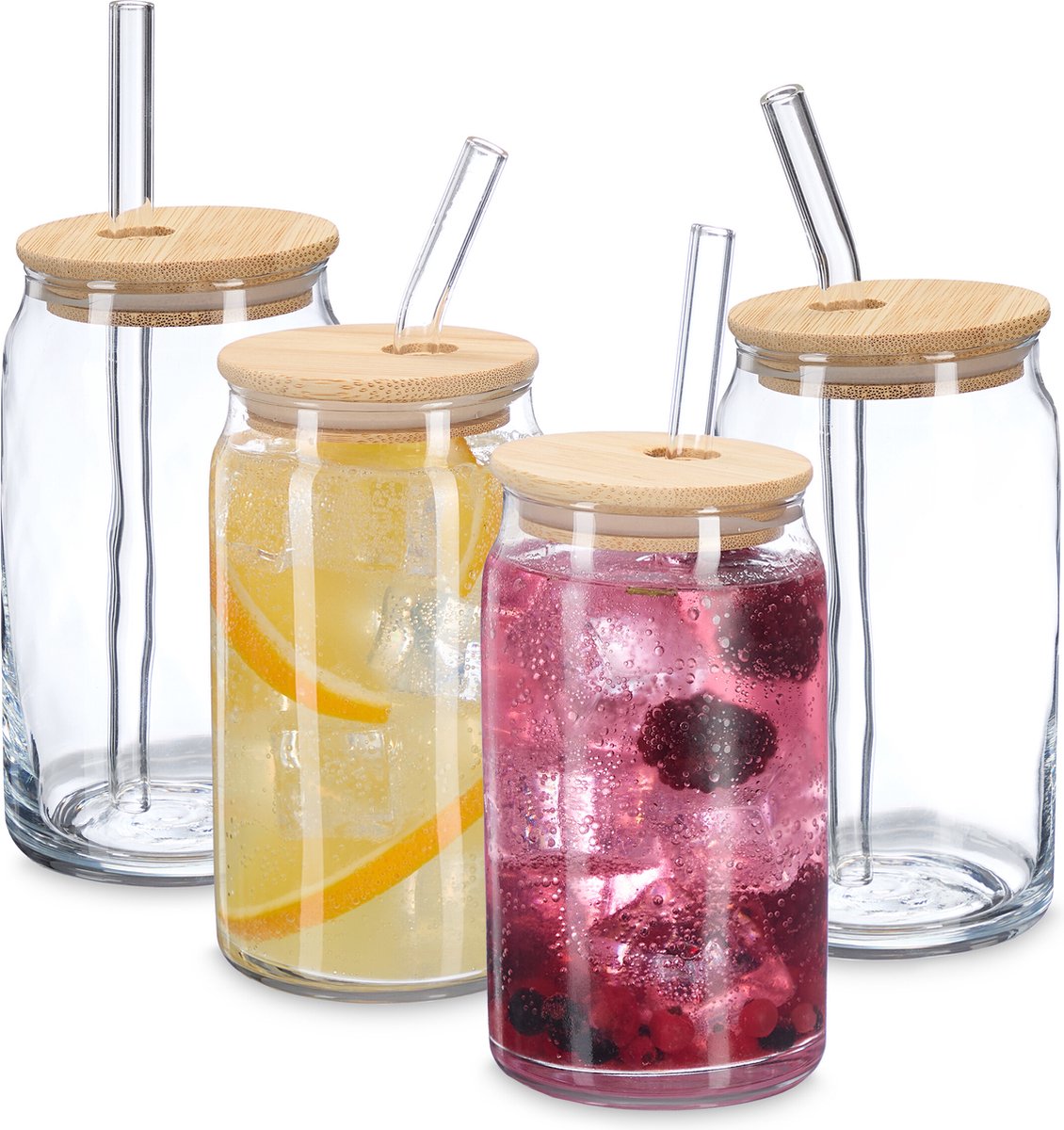 drinkglazen met rietje - set van 4 - 450 ml - bamboe deksel