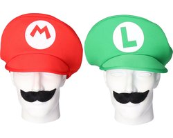 Loodgieter Mario en Luigi verkleed set - pet en snor - groen - gamer verkleed accessoires