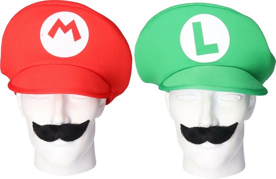 Loodgieter Mario en Luigi verkleed set - pet en snor - groen - gamer verkleed accessoires