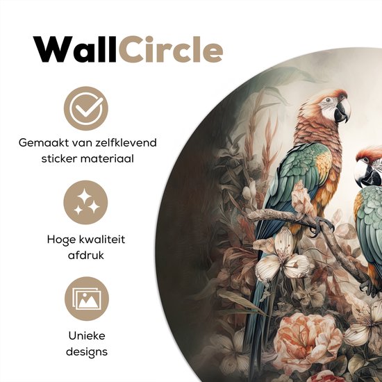 WallCircle - Stickers muraux - Cercle Papier Peint - Perroquets - Vogels - Nature - Fleurs - 30x30 cm - Cercle Mural - Auto Adhésif - Autocollant Rond Papier Peint