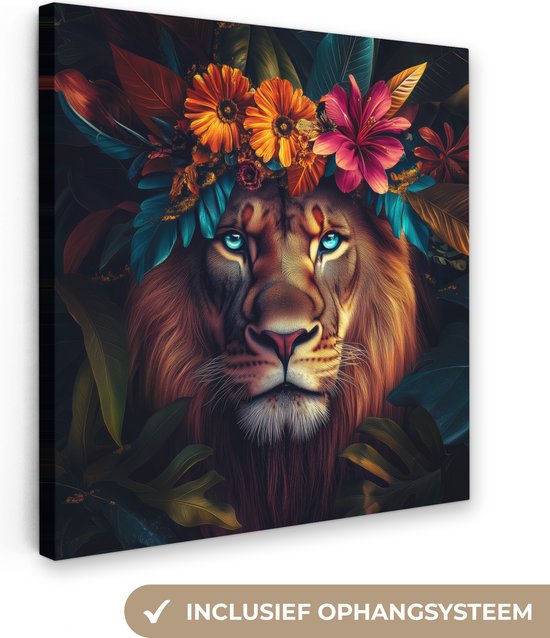 Un lion portant une couronne de fleurs et de feuilles colorées autour de sa tête, avec des yeux bleu profond, est représenté sur une toile avec système de suspension.