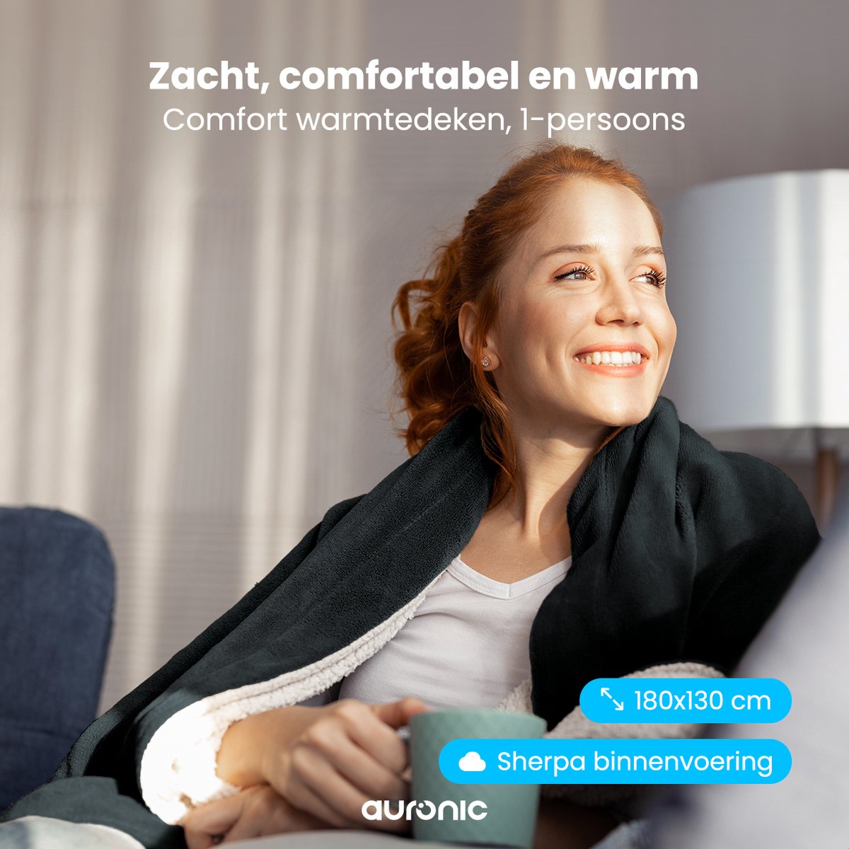 Afbeelding 2 van Auronic Elektrische Deken - Warmtedeken - Sherpa Fleece - 9 Hitte en Timerstanden - Bovendeken - 180x130 - 1 persoons - Antraciet