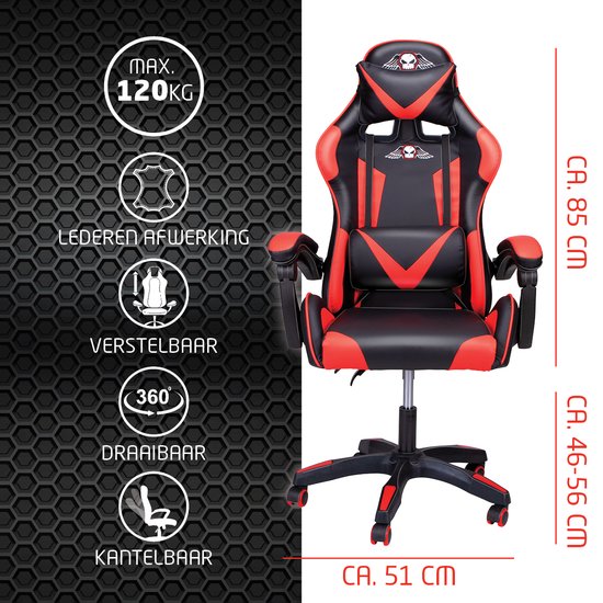 No Fear Gaming Stoel - Game Stoel met Nek- en Onderrugkussen - Ergonomische Bureaustoel in Hoogte Verstelbaar 46 tot 56cm - Gamestoel Rood/Zwart
