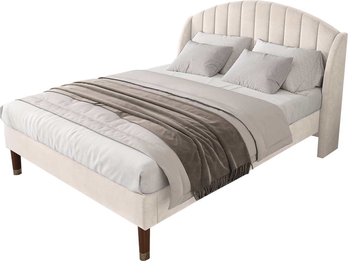Merax Tweepersoonsbed 140x190 met Lattenbodem en Hoofdbord – Beige Velvet