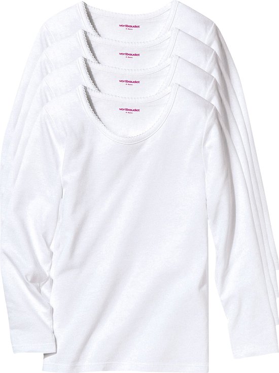 Lot De 4 T-Shirts Manches Longues Vertbaudet Fille - 100% Coton Blanc - Col Picot - Taille Élastique