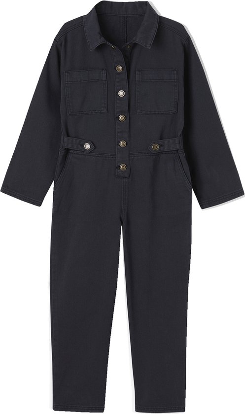 Donkerblauwe jumpsuit voor meisjes in 'worker'-stijl met lange mouwen en drukknoopsluiting.