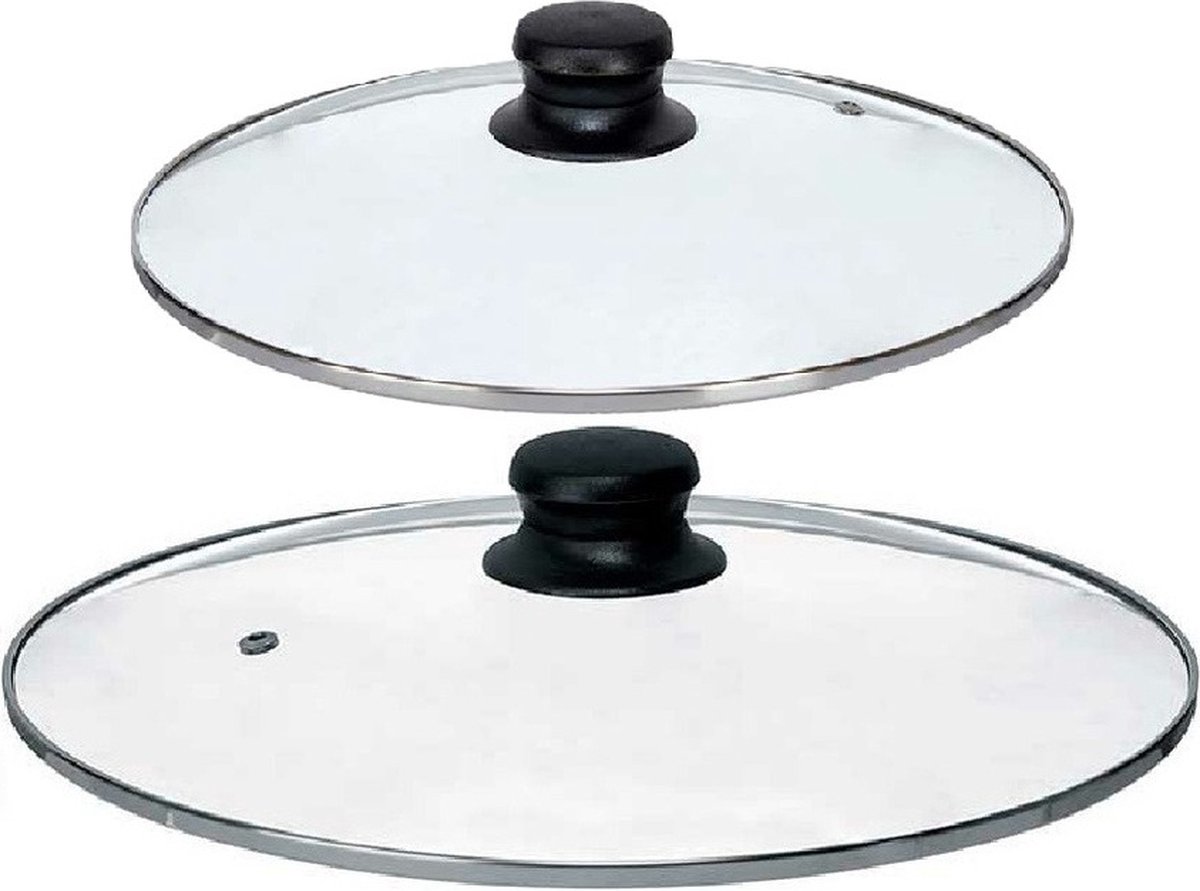 Kinvara Universele pannendeksel set - 2x stuks - Dia 30/26 cm - glas - stoomgaatje - voor diverse soorten pannen