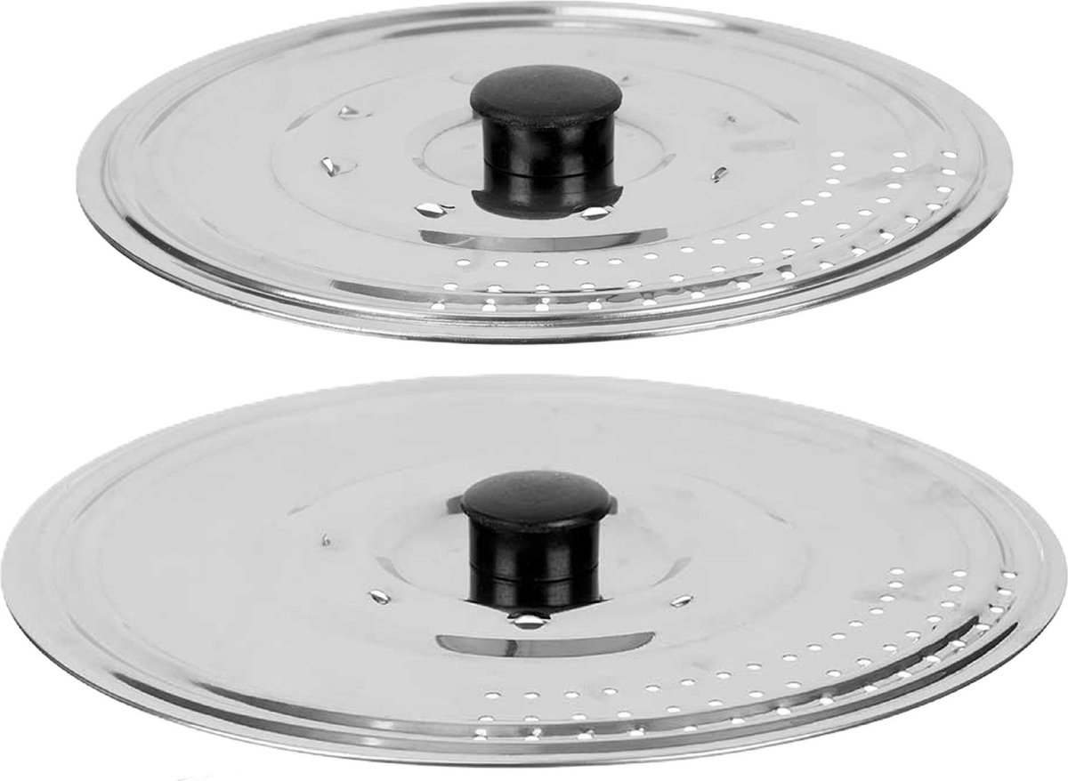 Kinvara Universele pannendeksel set - 2x stuks - Dia 25/21 cm - metaal - plat model - voor diverse soorten pannen